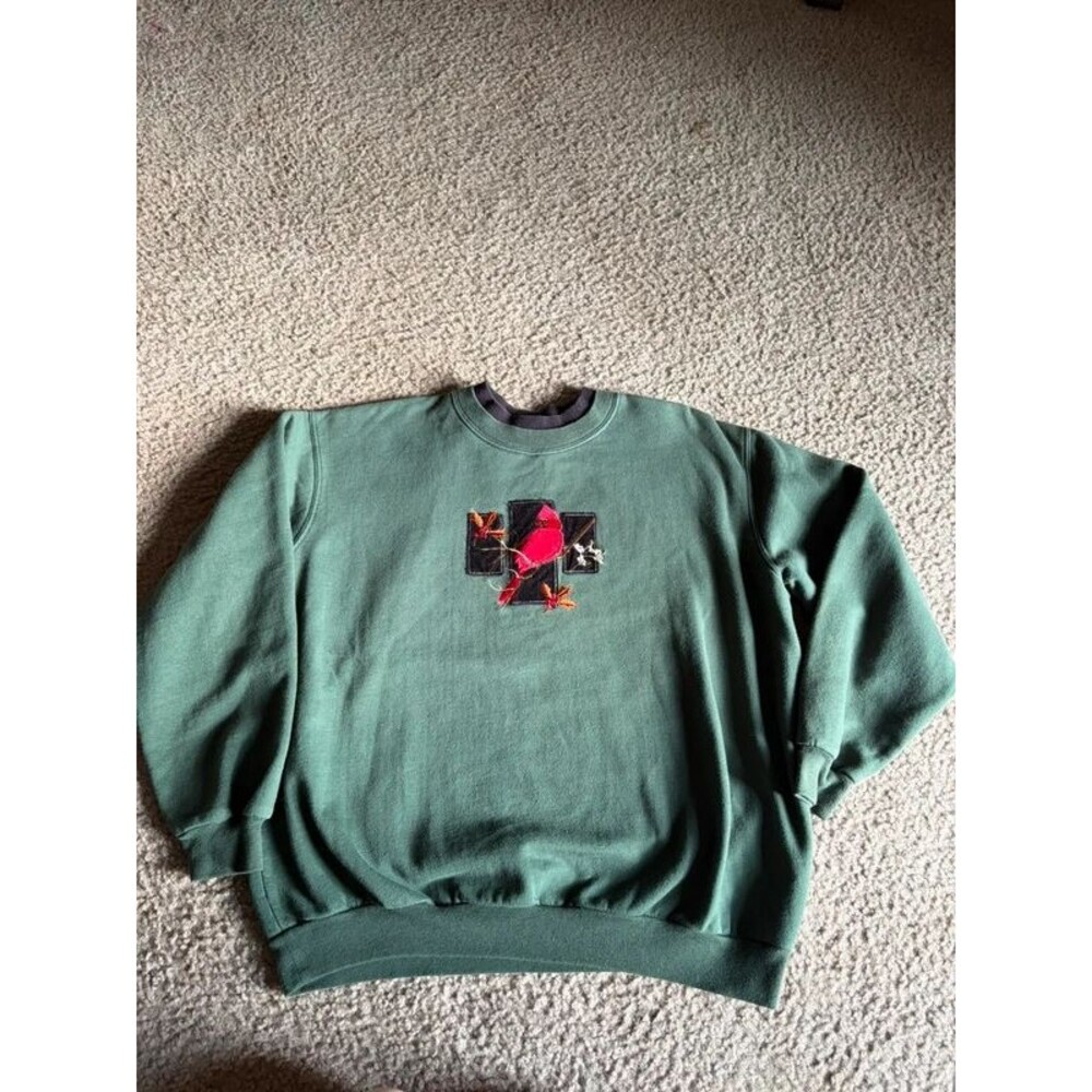 VTG Women’s Fall Autumn Sweater Cardinal Birds Green & Black Sz Petite Medium